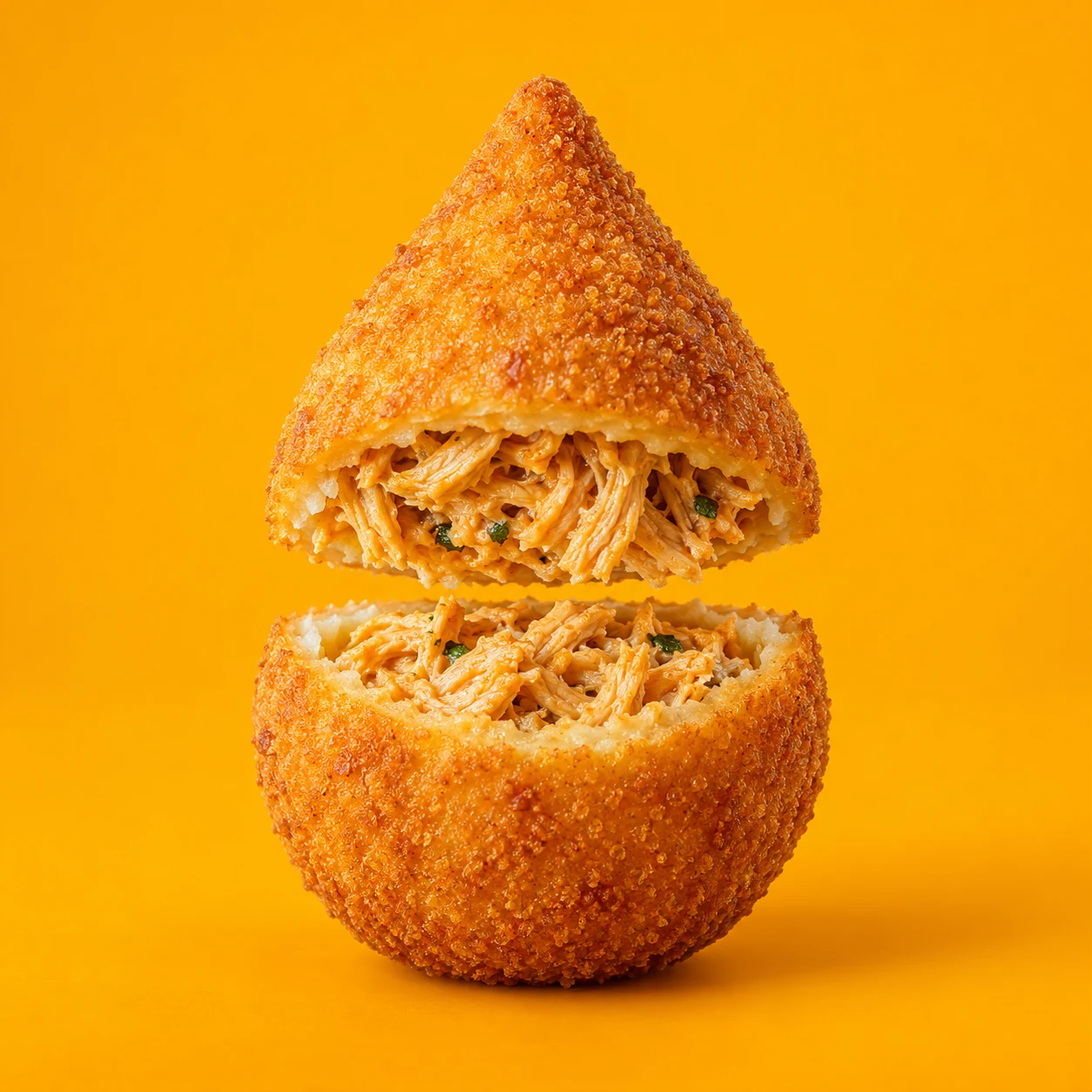 Coxinha aberta mostrando o recheio de frango desfiado