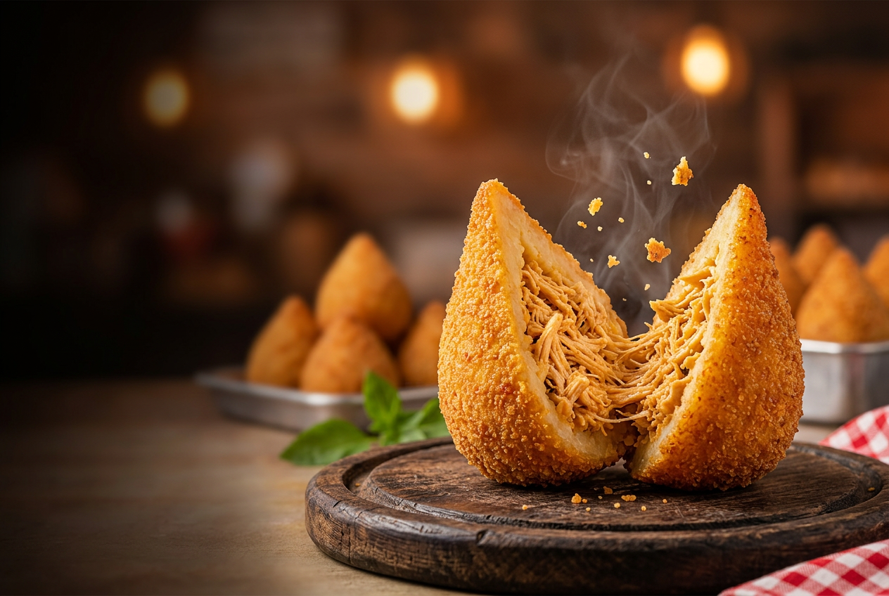 Coxinha Betel aberta sobre madeira em um ambiente gastronômico