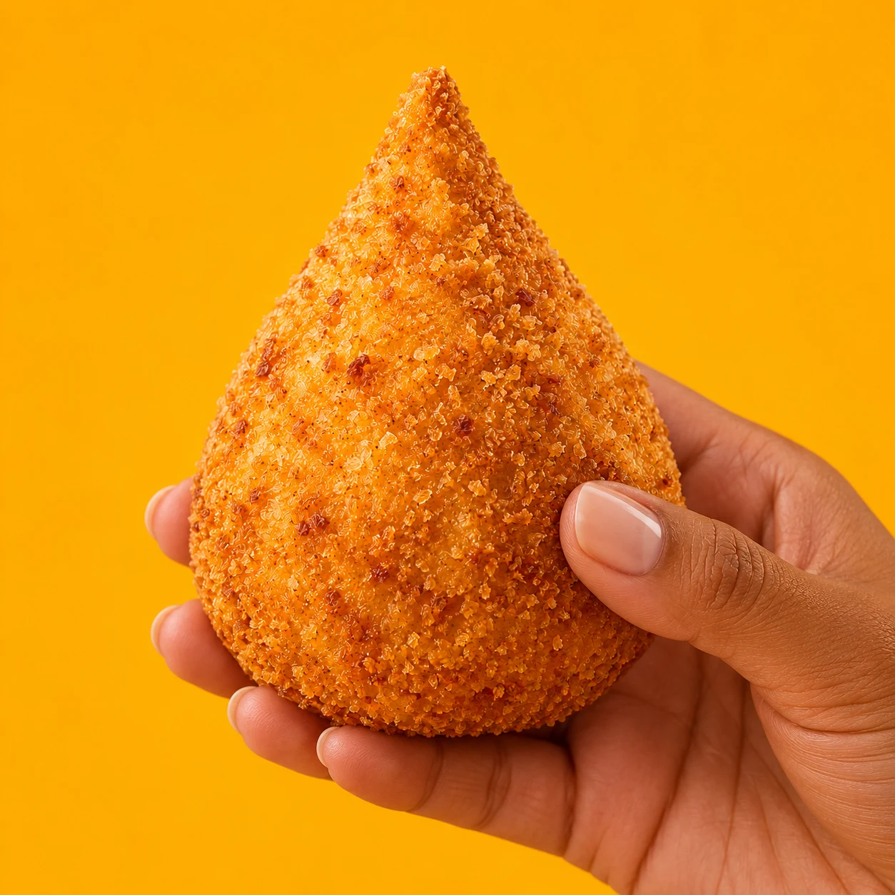 Uma mão segurando a coxinha